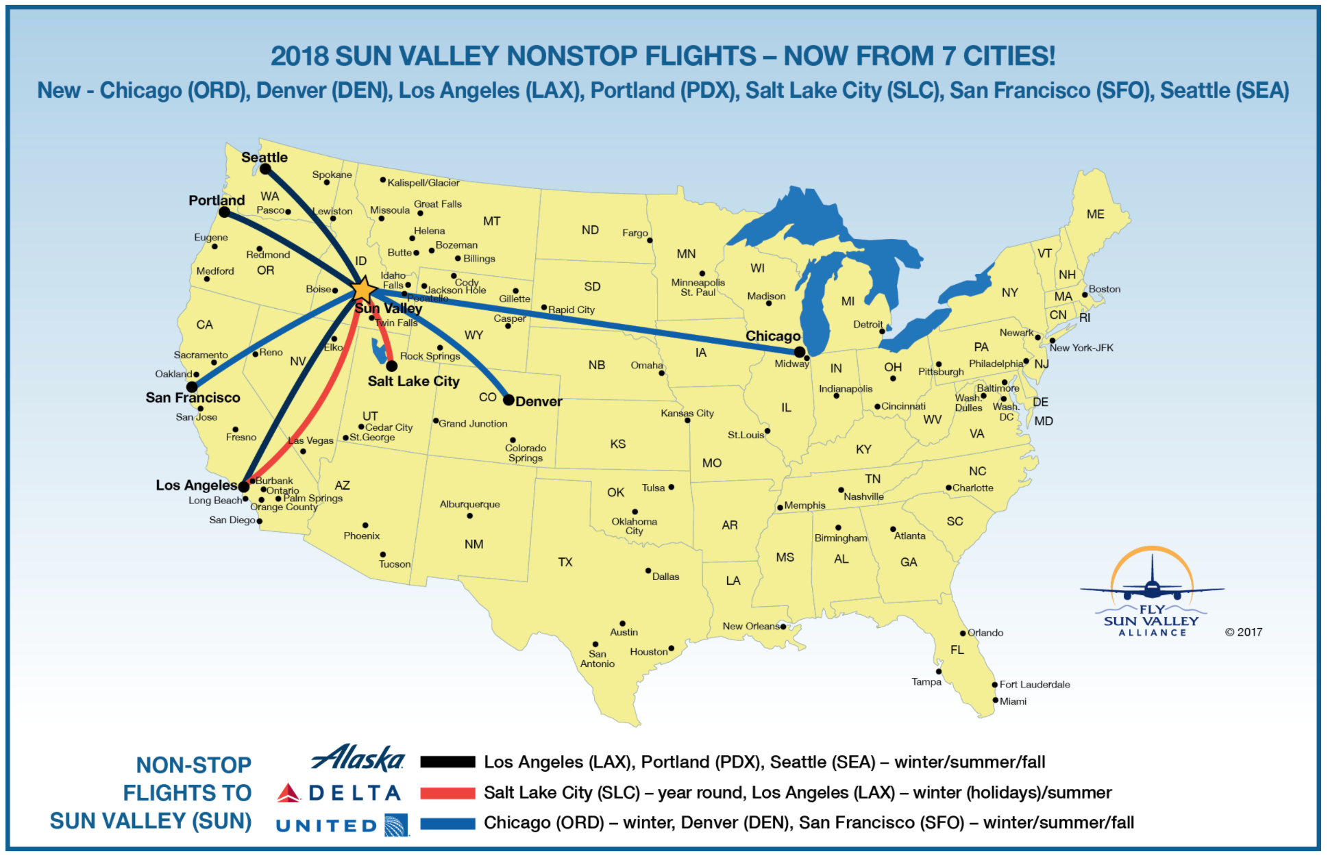 map of non-stop flights to Hailey