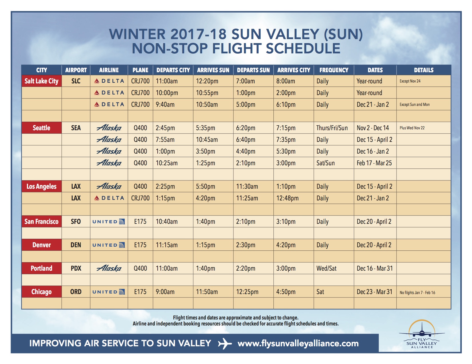 new flight schedule for sun valley airport