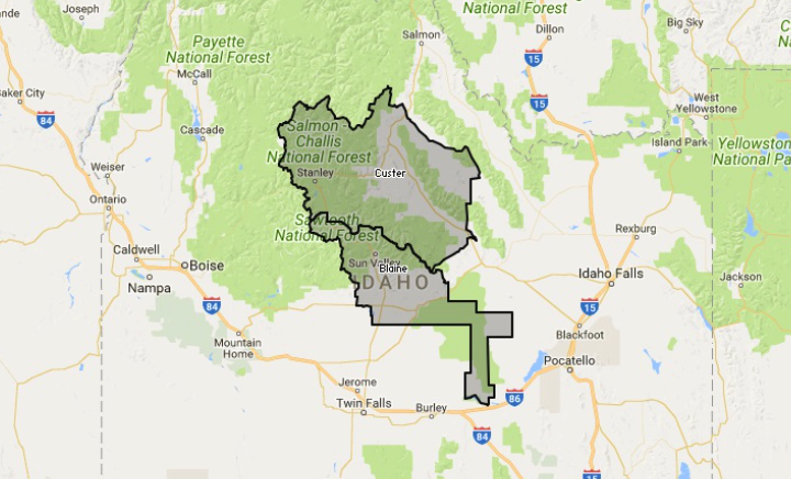 map of Idaho highlighting Blaine and Custer counties
