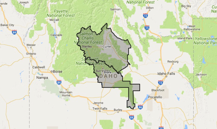 map of Idaho highlighting Blaine and Custer counties